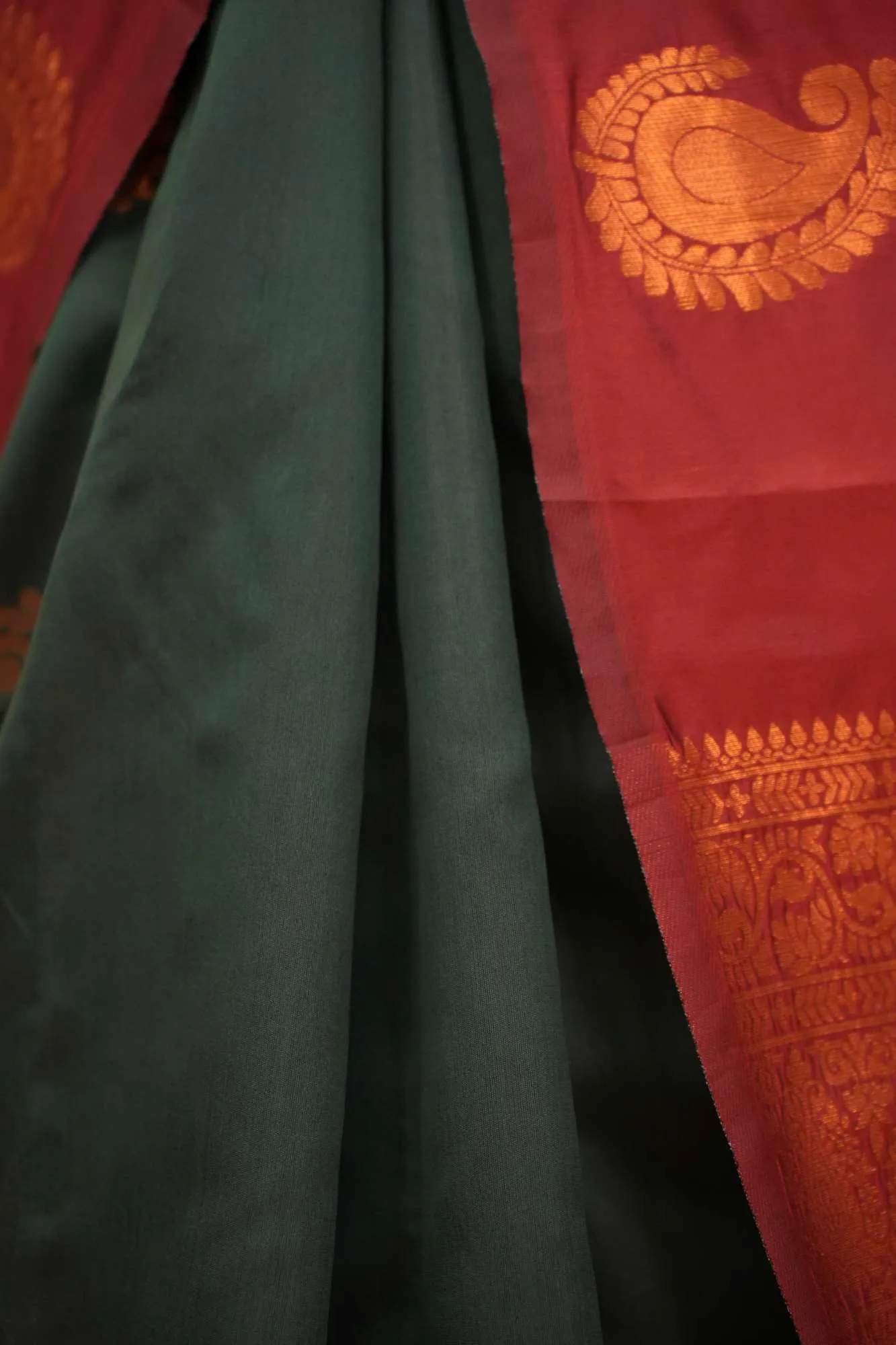 Bottle Green Kanjeevaram With Paisely Zari Damask & Ornate palla Ready To Wear Saree