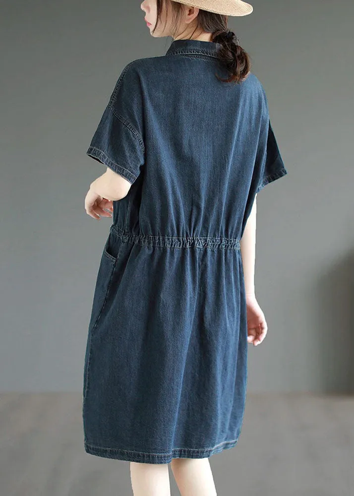 Boutique Blue Button Drawstring Pockets Patchwork Denim Mid Dress