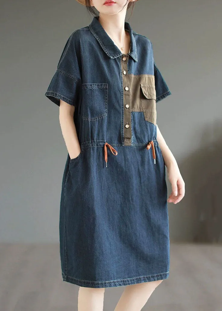 Boutique Blue Button Drawstring Pockets Patchwork Denim Mid Dress