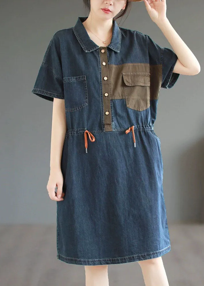 Boutique Blue Button Drawstring Pockets Patchwork Denim Mid Dress