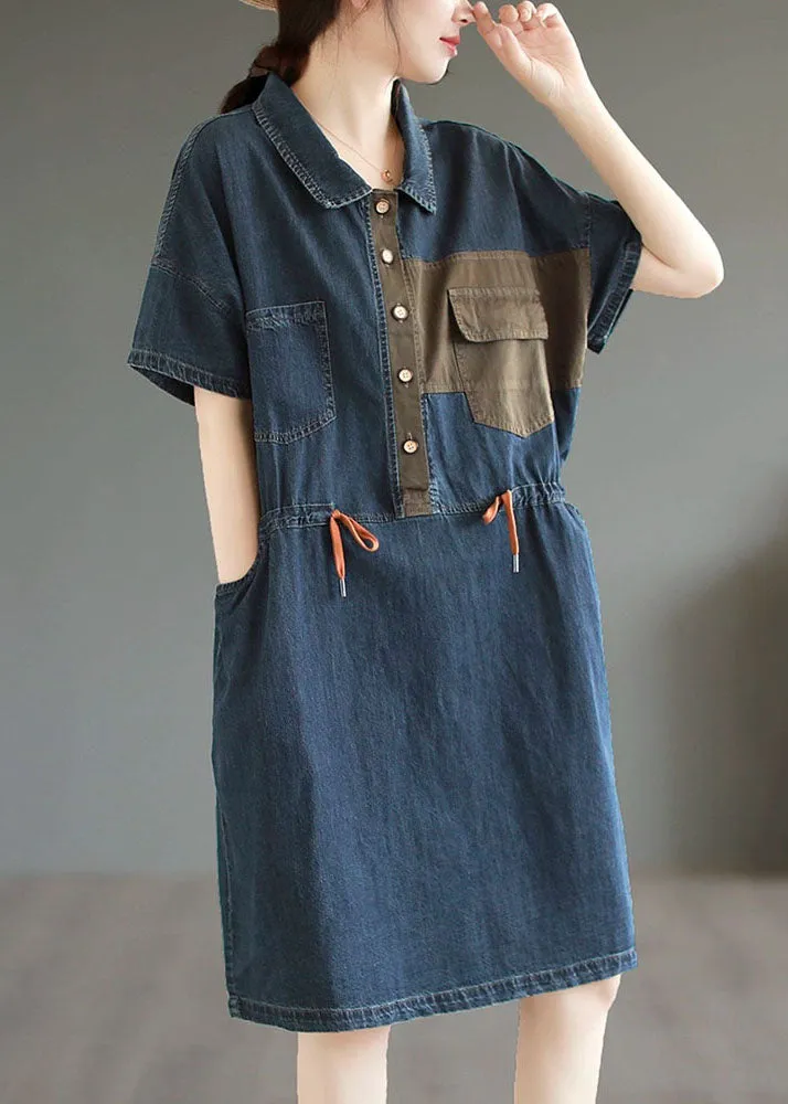 Boutique Blue Button Drawstring Pockets Patchwork Denim Mid Dress