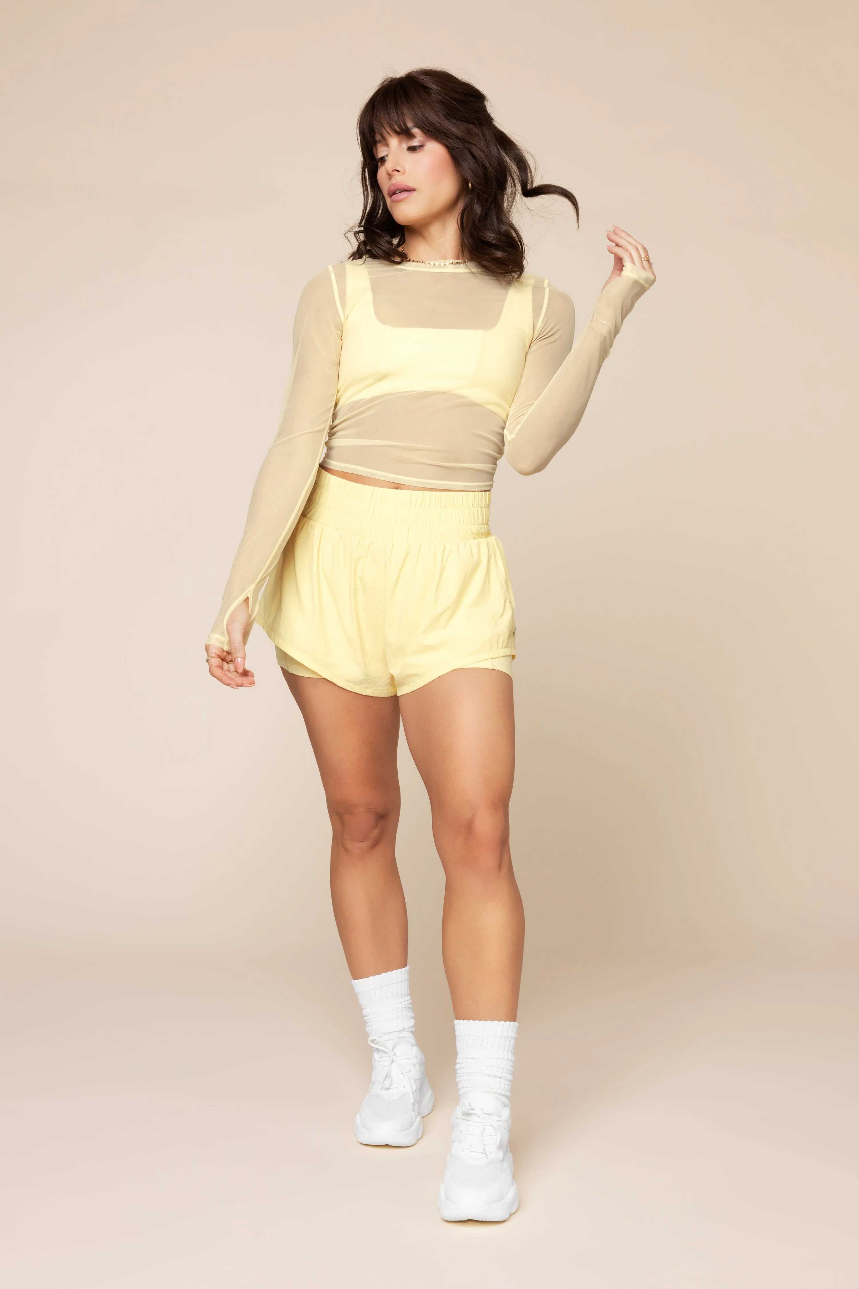 Bow Back Mesh Reversible Long Sleeve Top - Buttercream