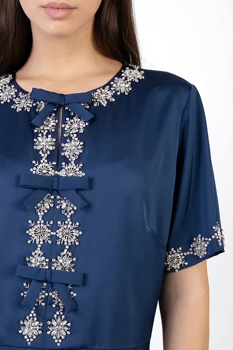 BOW DETAIL DRESS IN NAVY BLUE