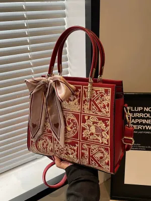 Bow Embroidered Tote Handbag
