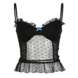 Bow Polka Dot Mesh Patchwork Transparent Black Tanks Tops Y2k Summer Clothes Women 2024 Cute Cami Top P67-CE10