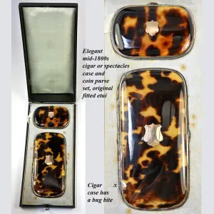 Boxed set: 2 Piece Set: Antique French Tortoise Shell Cigar Case & Coin Purse, Opulent and Elaborately Worked in Pique