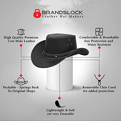 Brandslock Black Leather Cowboy Hat for Men Women Durable Cowgirl Outback Hat