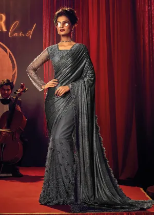 Bridal Party Amazing Grey Premium Net Designer Saree
