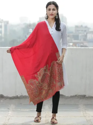 Bright Red Multi Color Paisly Weaved Border Silk Wool Kashmiri Stole - S200569