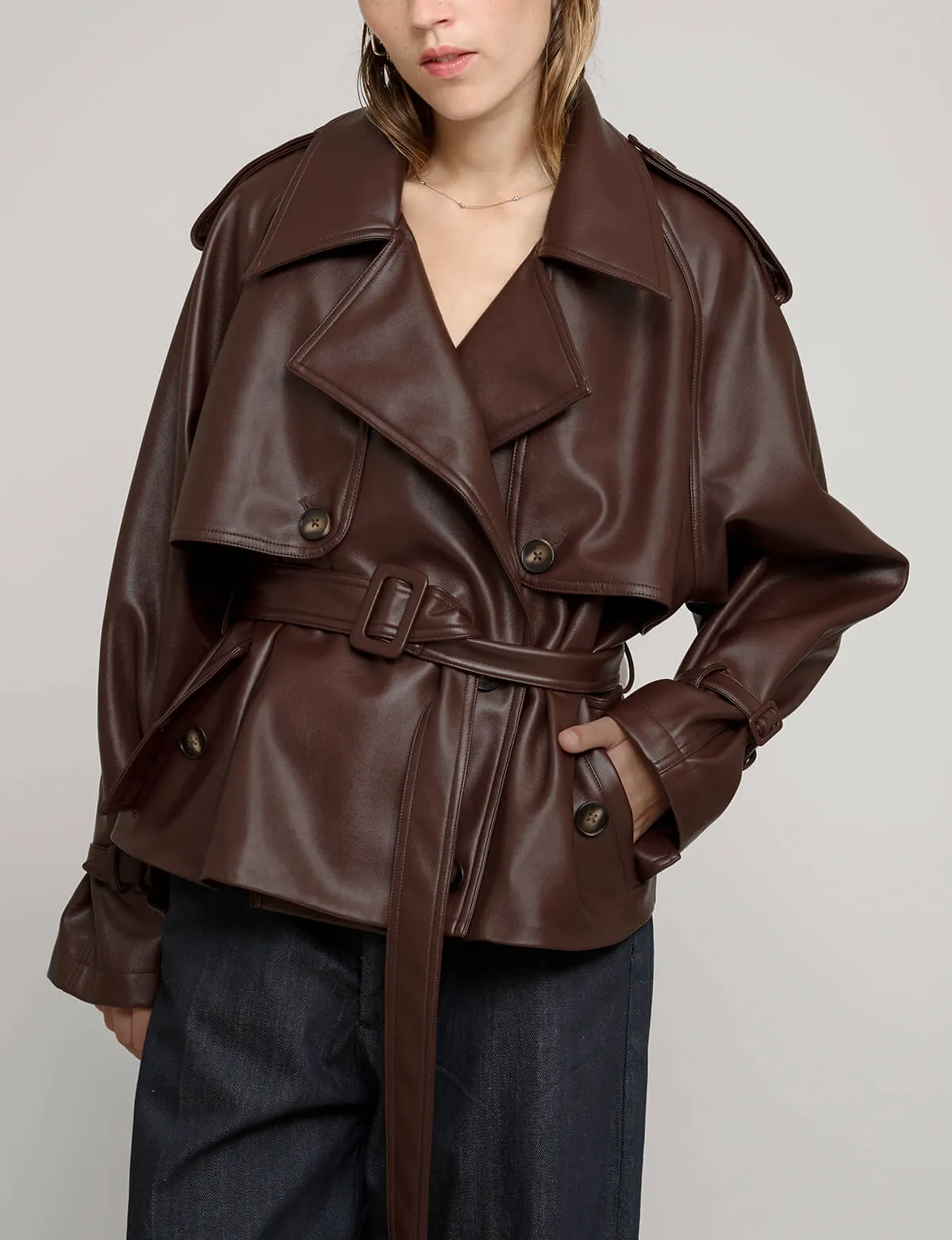 Brown Cropped Leather Trench