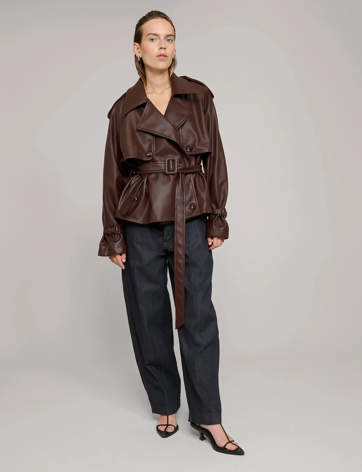 Brown Cropped Leather Trench