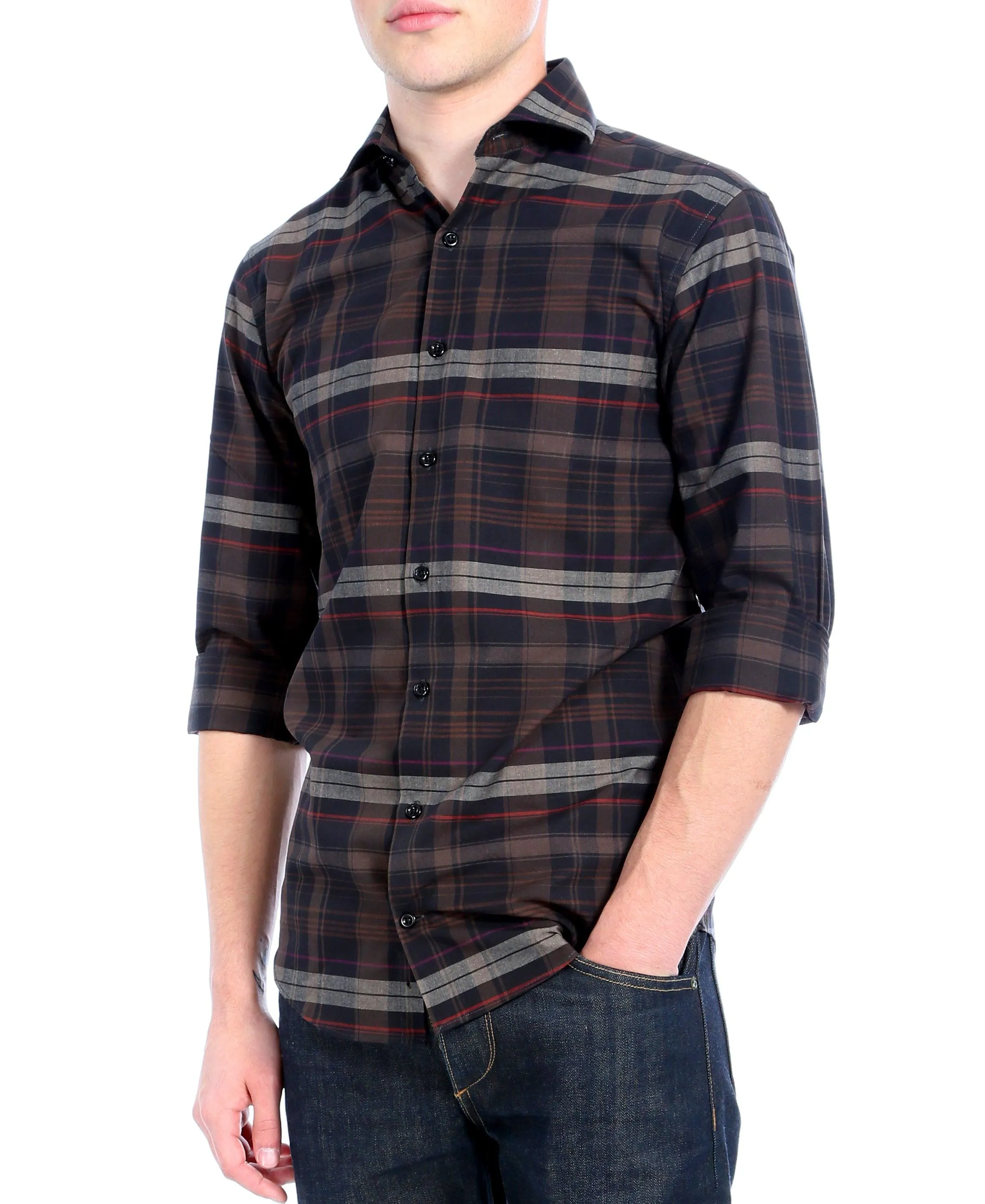 Brown Plaid Slim Fit Casual Shirt - Vale