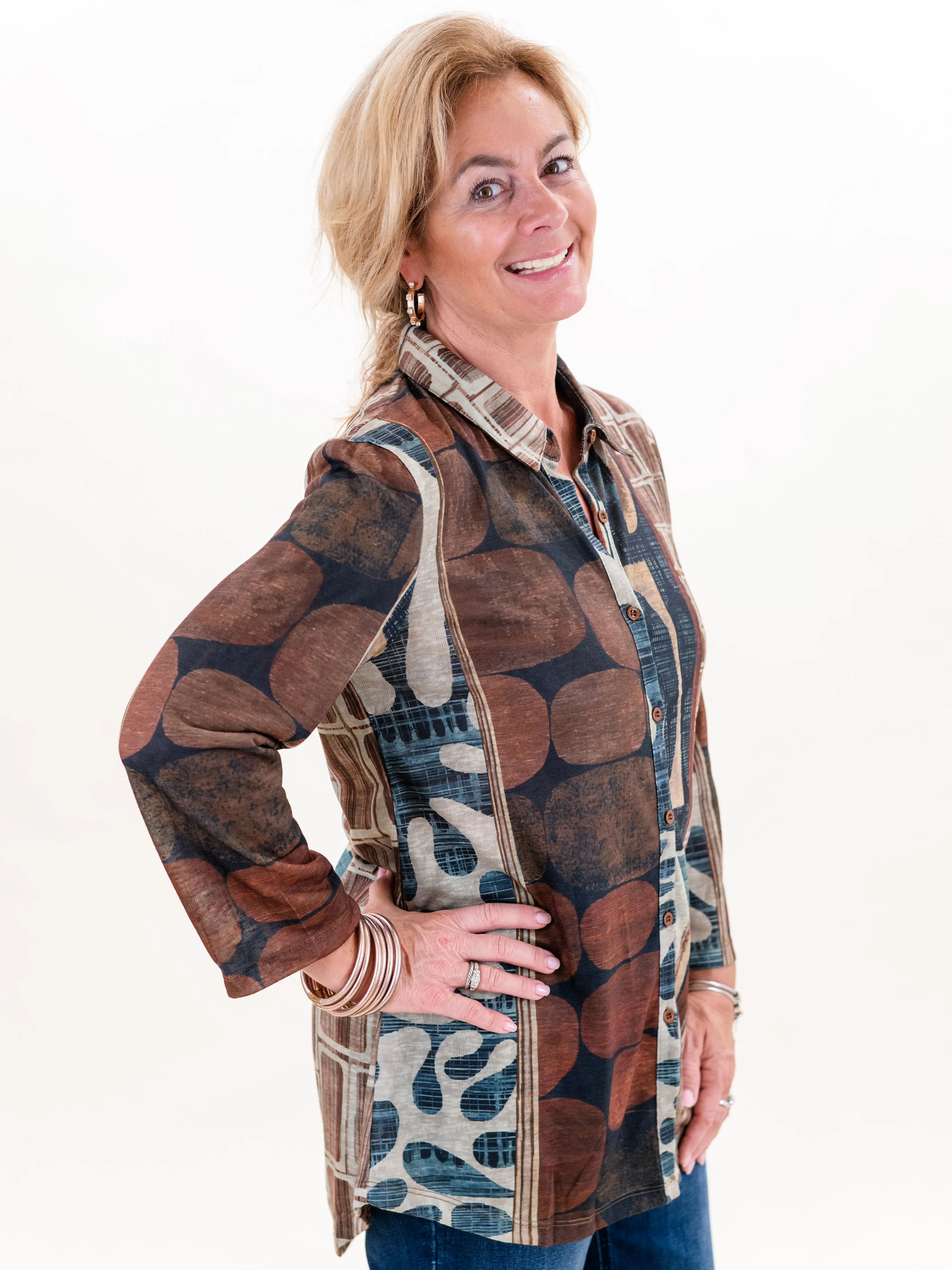 Brown Print Button Down by Shana Apparel