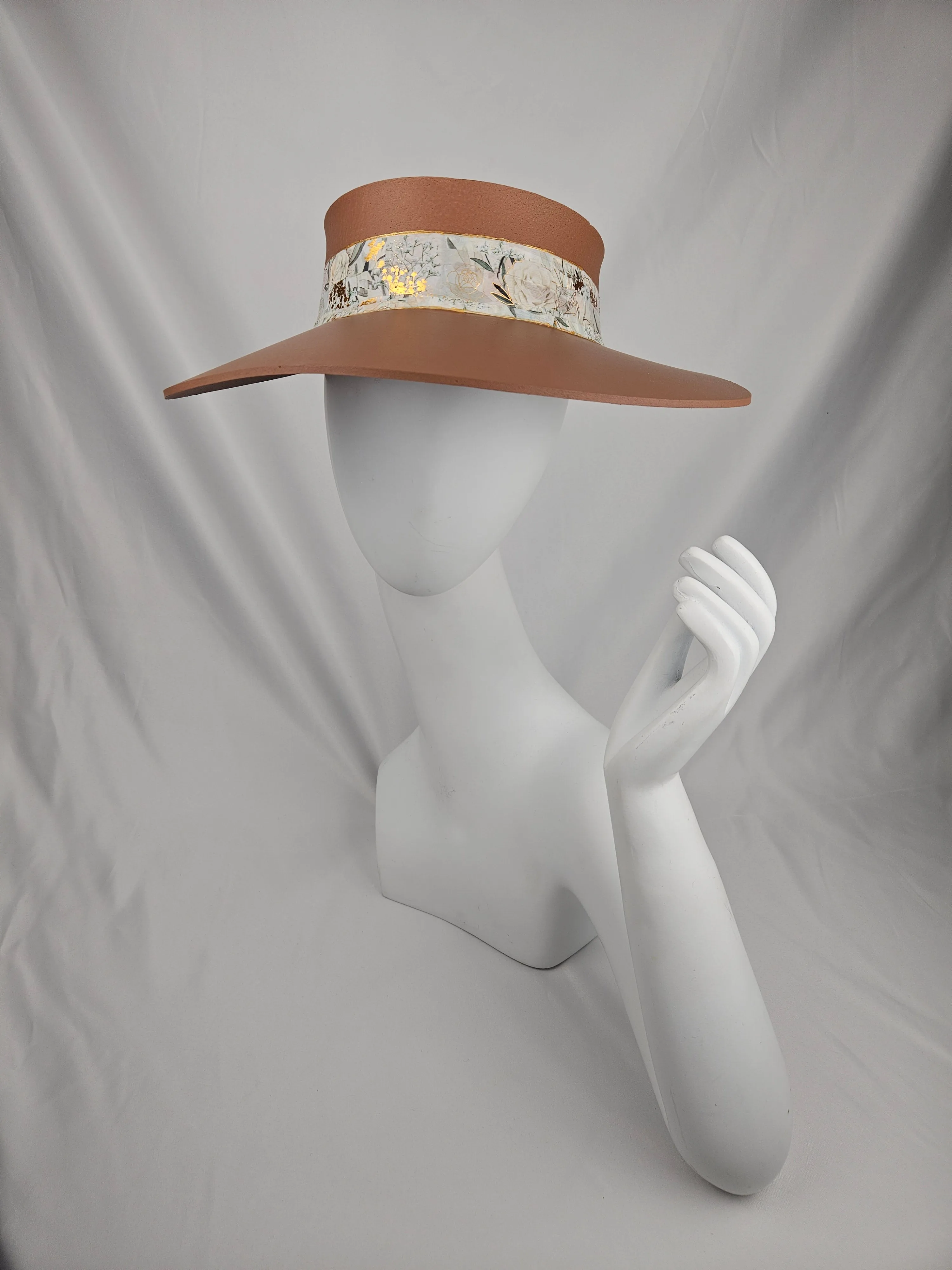 Brown "LadyEVA" Visor Hat with Stylish White and Gold Floral Band