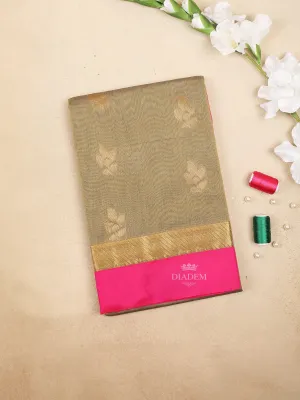 Brown Silk Cotton Saree with Flower Motif Design on the Body with Contrast Border