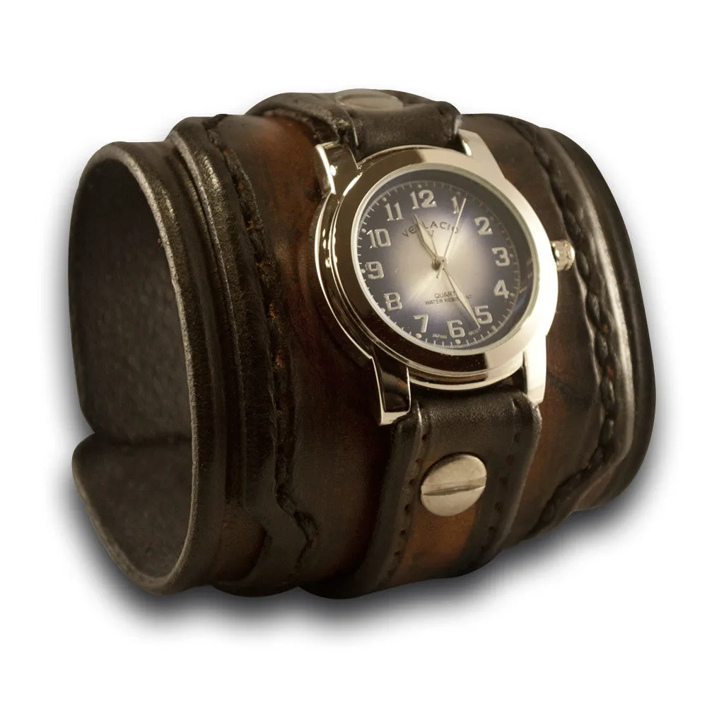 Brown Stressed Wide Layered Leather Cuff Watch