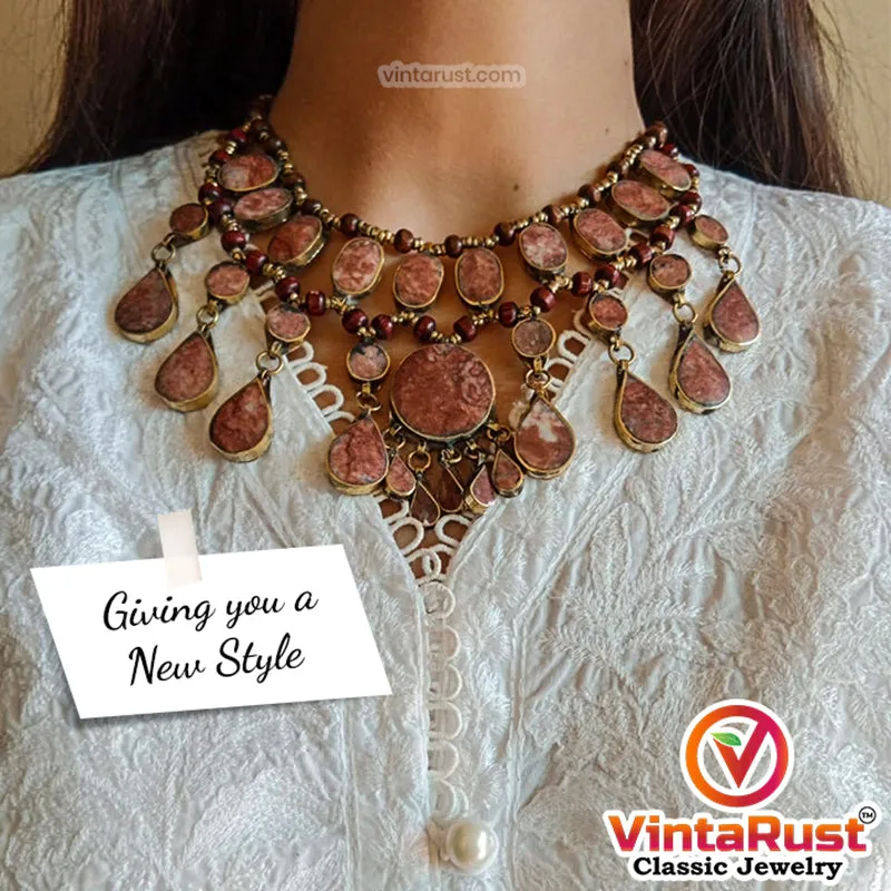 Brown Tribal Beaded Chain Choker Necklace