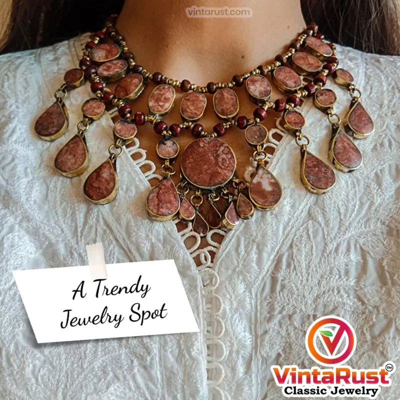 Brown Tribal Beaded Chain Choker Necklace
