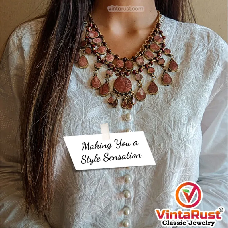 Brown Tribal Beaded Chain Choker Necklace