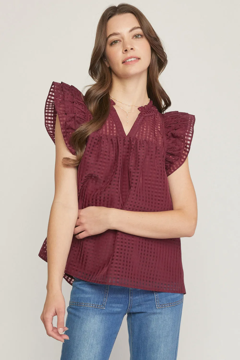 BURGUNDY GRID PRINT V-NECK RUFFLED SLEEVE