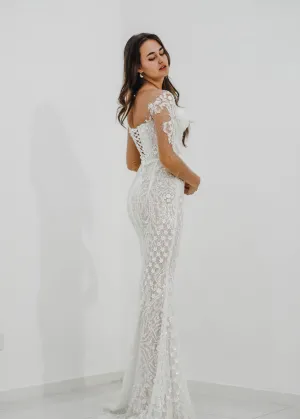 Bustier cups sparkling white lace mermaid dress with sleeves for hire