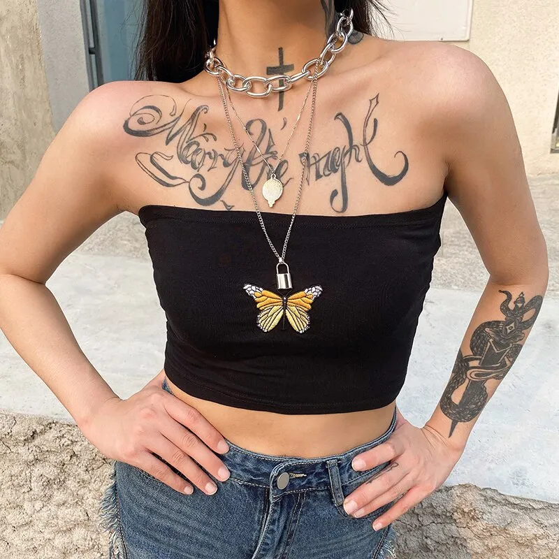 Butterfly Pattern Cute Tube Top Strapless Sexy Crop Tops Sleeveless