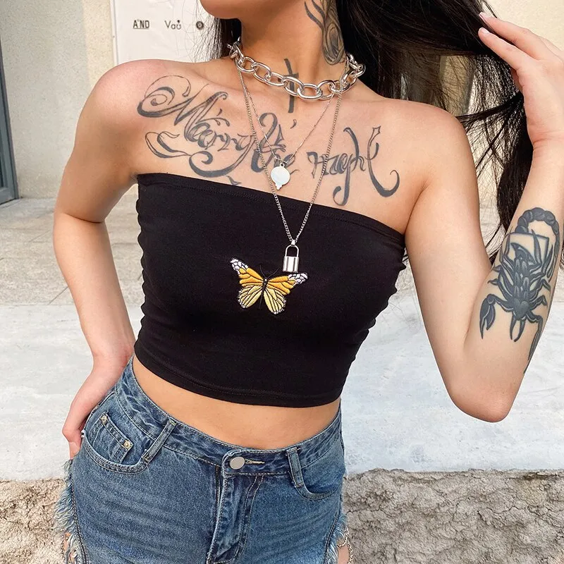 Butterfly Pattern Cute Tube Top Strapless Sexy Crop Tops Sleeveless