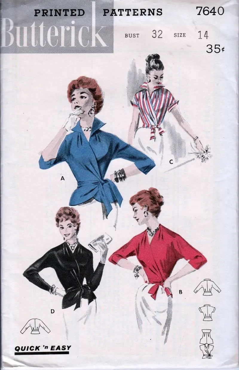 Butterick 7640 Vintage 1950's Sewing Pattern Ladies Stylish Wrap Blouse Wing Collar
