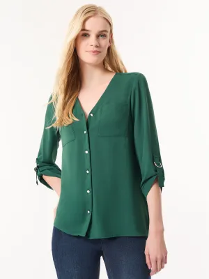 Button-Front Collarless Tunic, Crepe De Chine