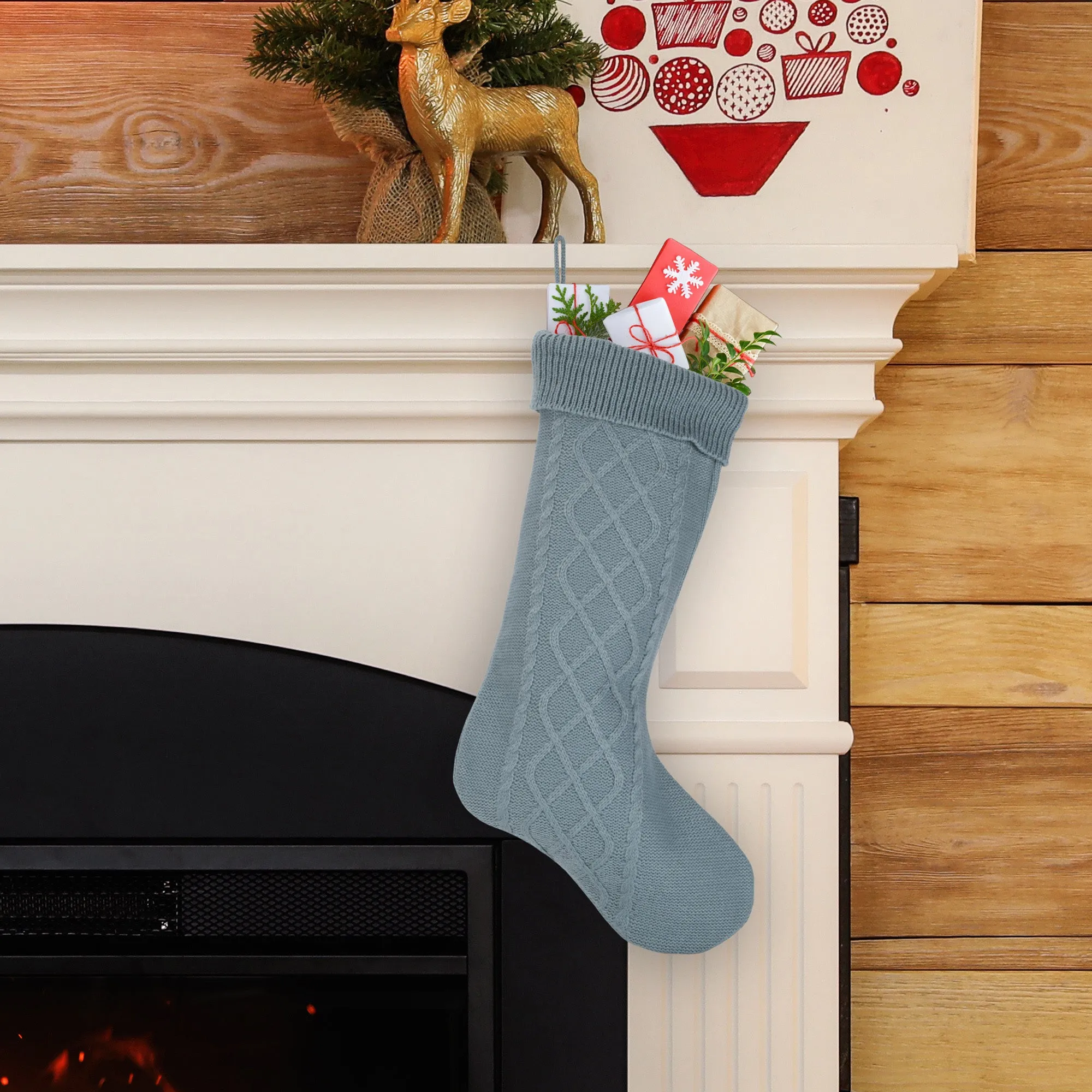 Cable Knit Sweater with Ribbed Cuff Christmas Stocking Decoration 18.5 inches long - Pack of 2 - Blue