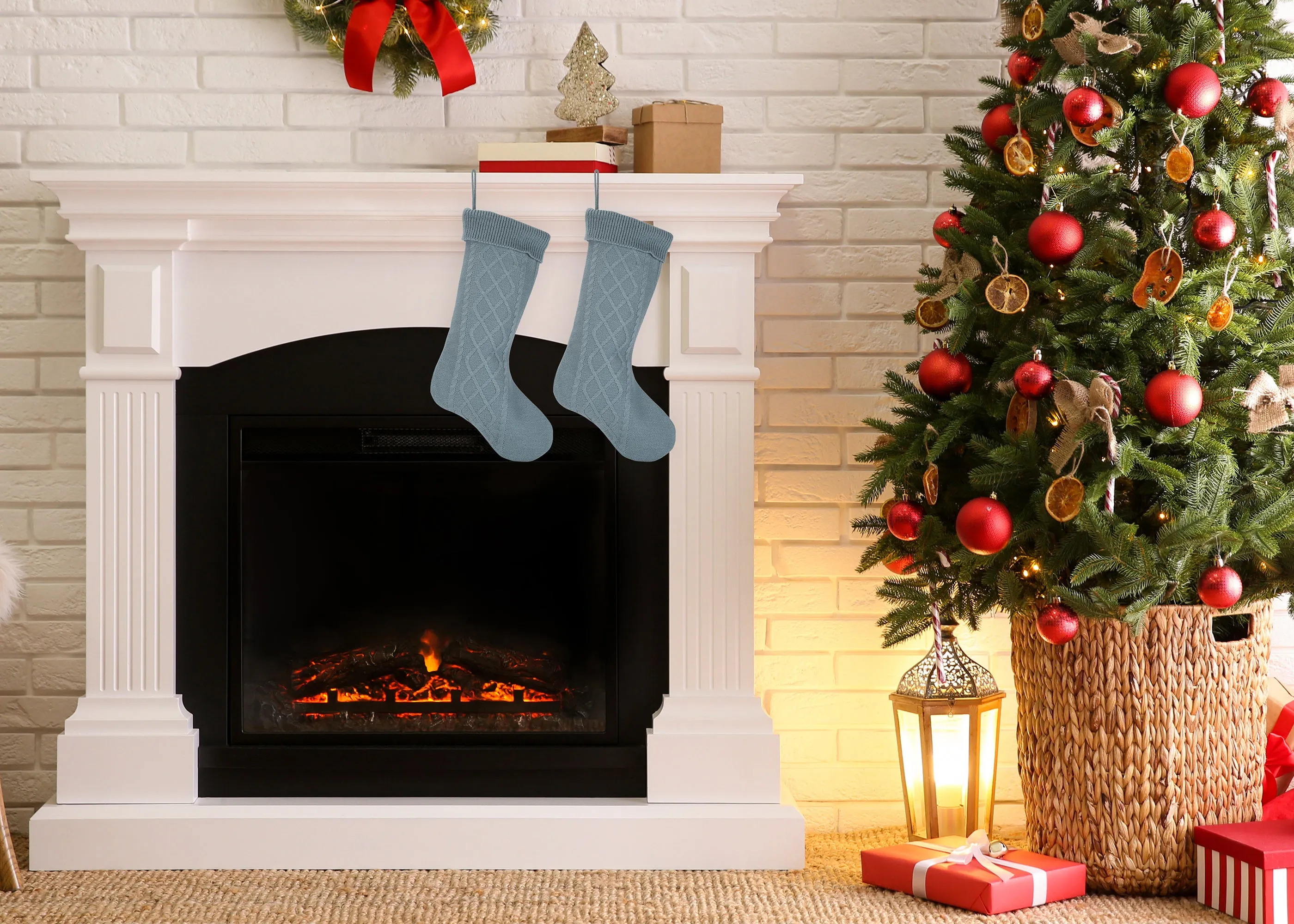 Cable Knit Sweater with Ribbed Cuff Christmas Stocking Decoration 18.5 inches long - Pack of 2 - Blue