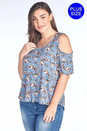 Caged Neck Cold Shoulder Floral Top for Plus Women