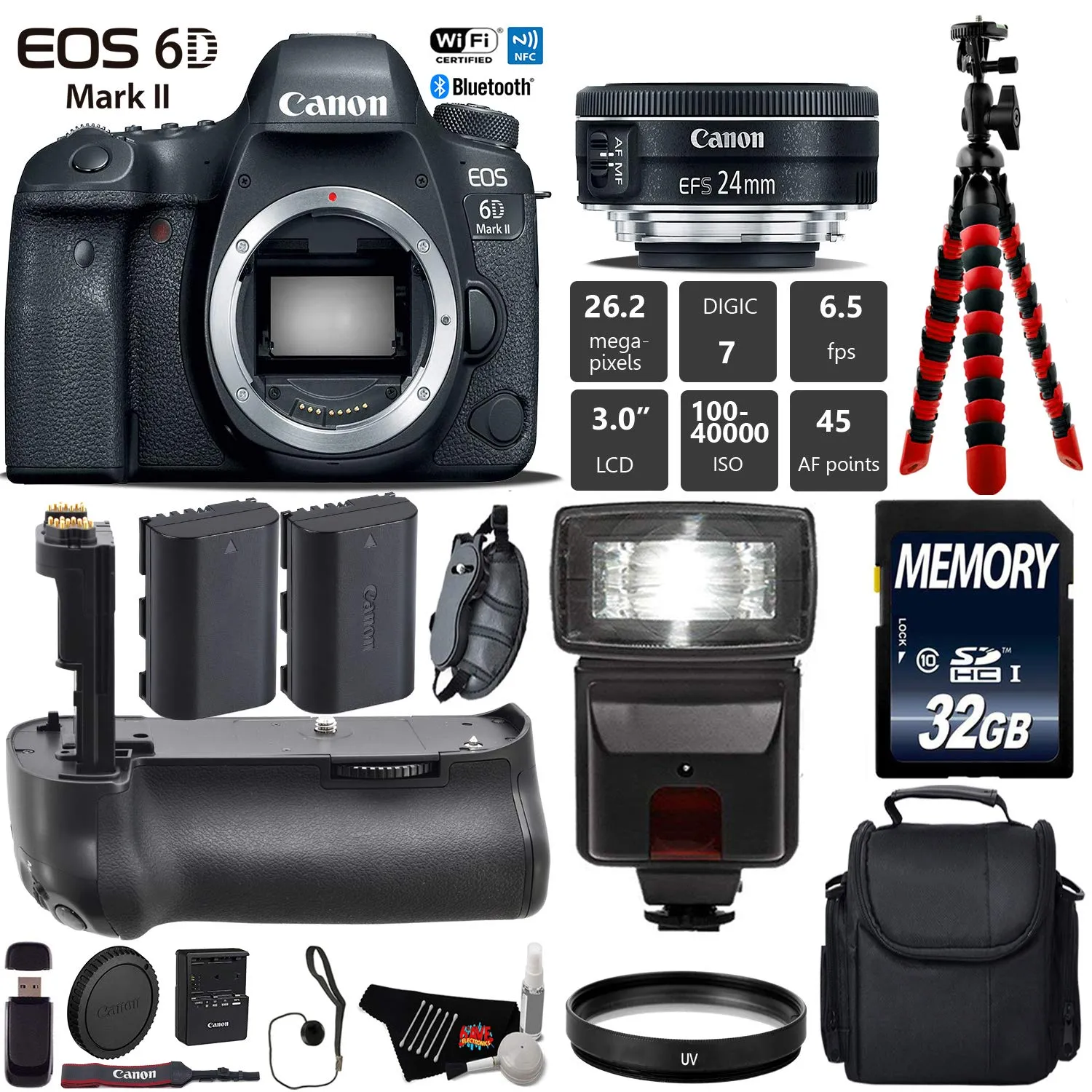Canon EOS 6D Mark II DSLR Camera With 24mm f/2.8 STM Lens   Professional Battery Grip   UV Protection Filter   Flash Starter Bundle