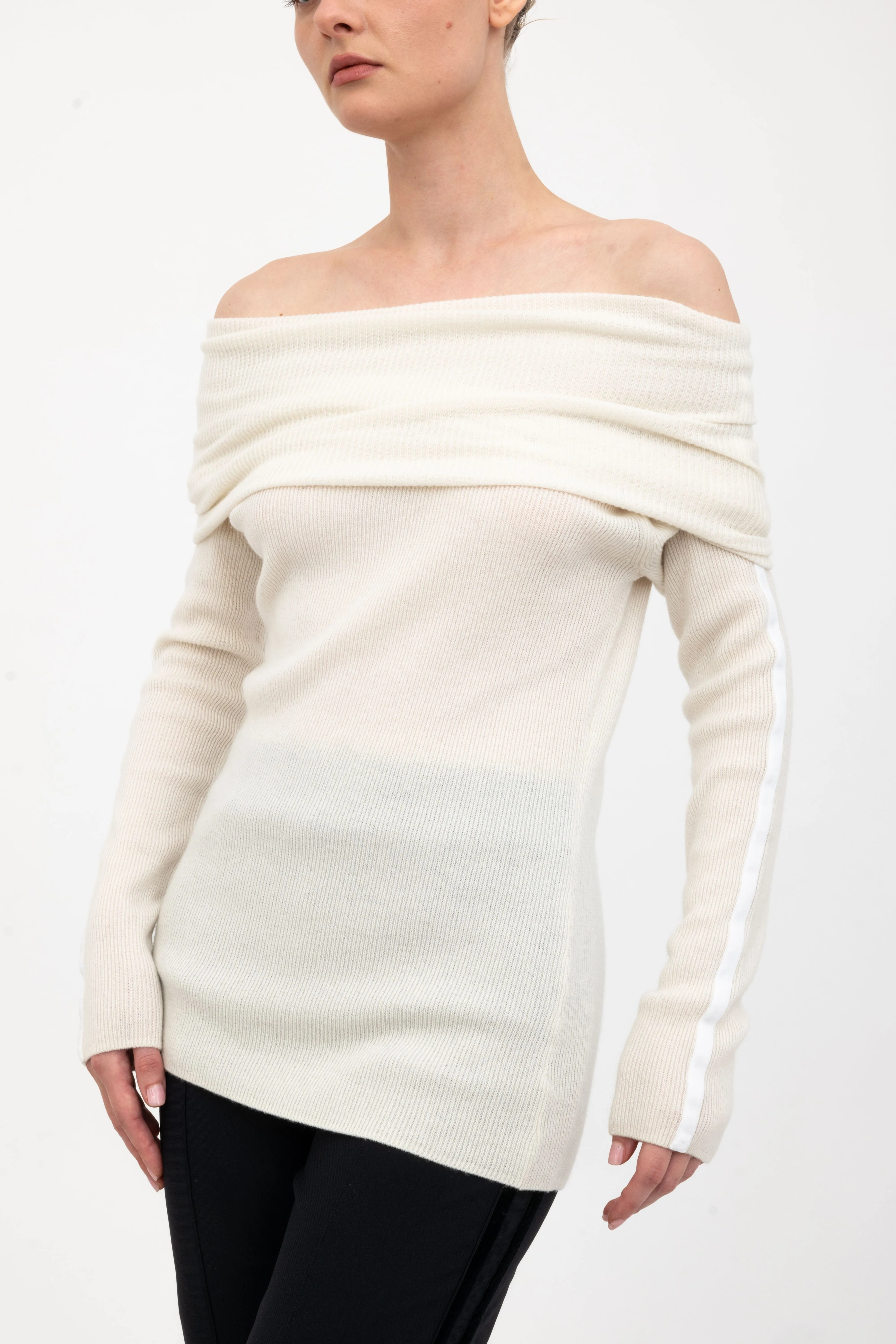 Cashmere Blend Off Shoulder Rib Knit with Velvet Trim - ASHIYA H24