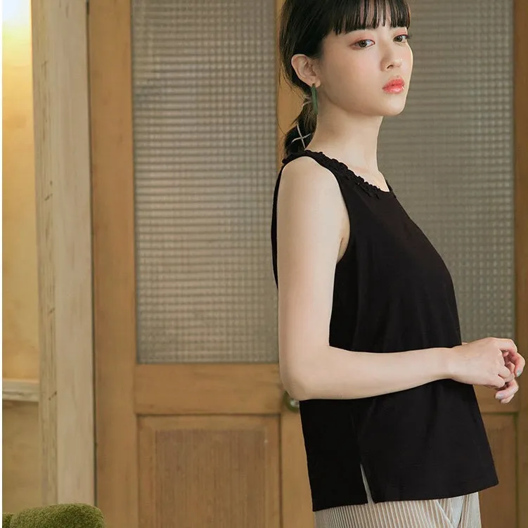 Casual Basic Embroidered Cotton Lace Sleeveless Tank Top