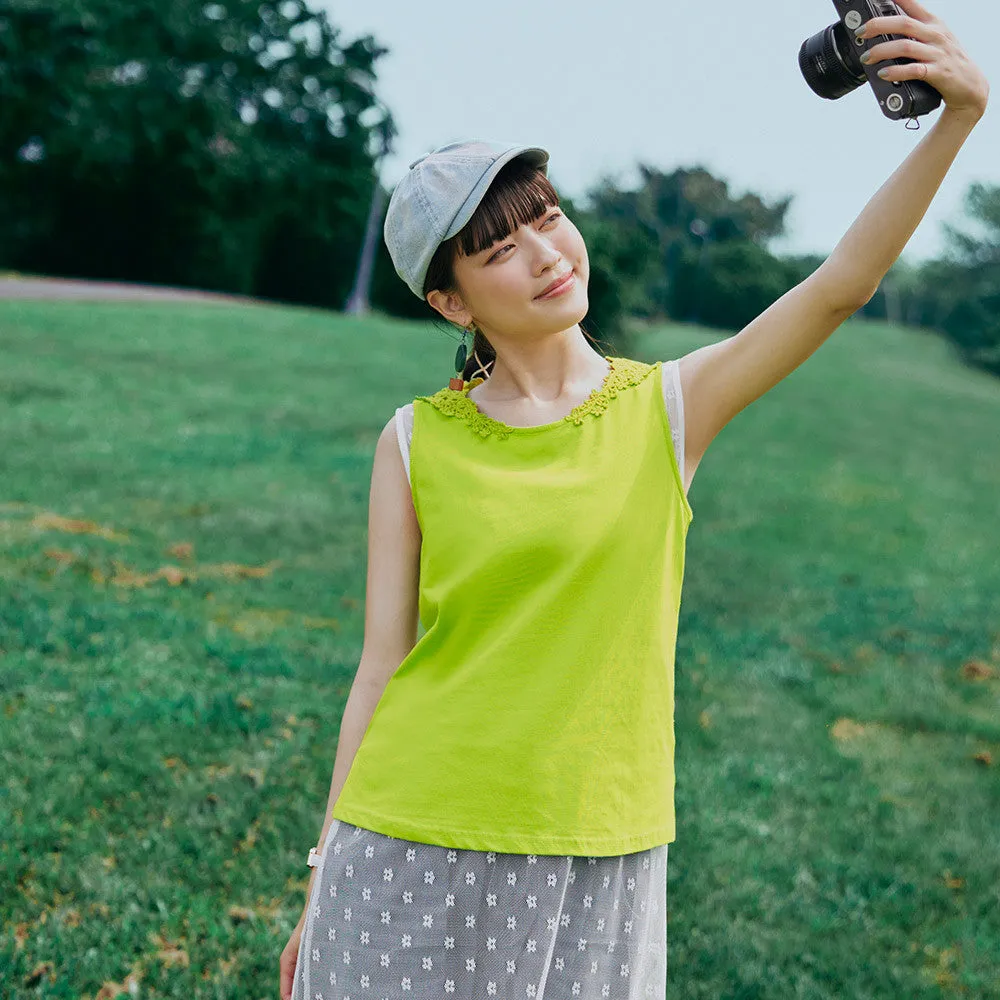 Casual Basic Embroidered Cotton Lace Sleeveless Tank Top