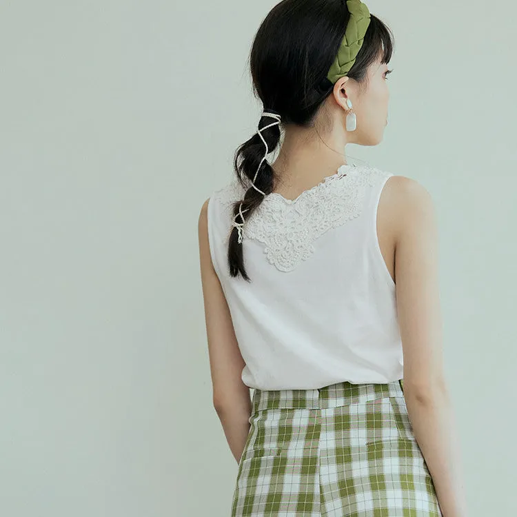 Casual Basic Embroidered Cotton Lace Sleeveless Tank Top