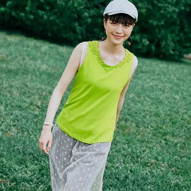 Casual Basic Embroidered Cotton Lace Sleeveless Tank Top