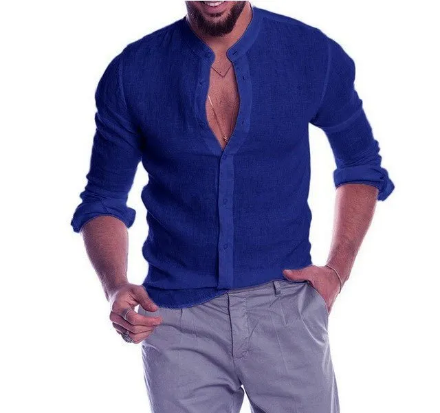 Casual Linen Shirt Band Collar Long Sleeve Button Down Shirt