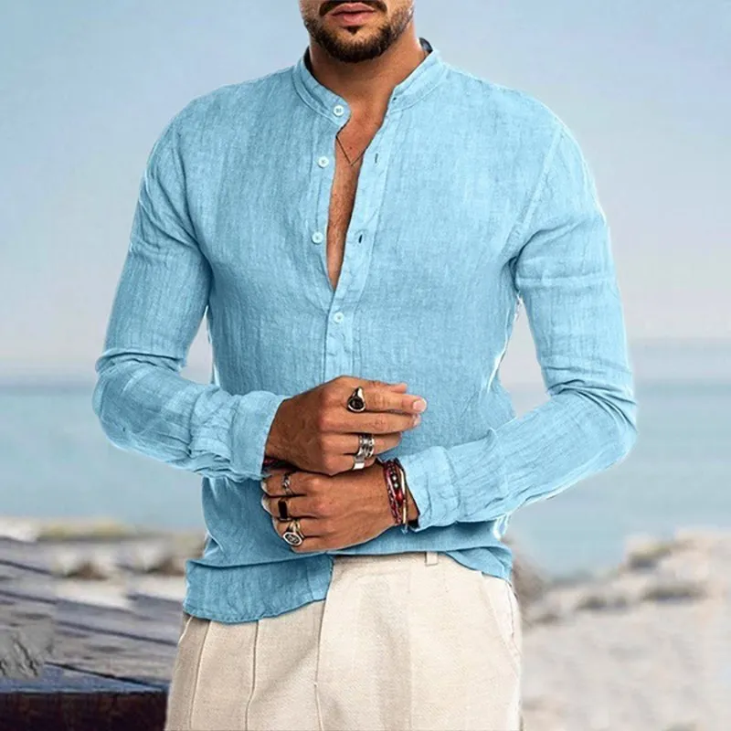 Casual Linen Shirt Band Collar Long Sleeve Button Down Shirt