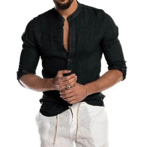 Casual Linen Shirt Band Collar Long Sleeve Button Down Shirt