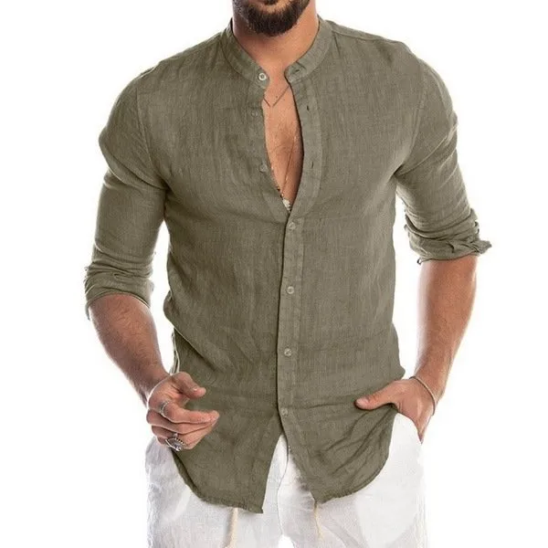 Casual Linen Shirt Band Collar Long Sleeve Button Down Shirt