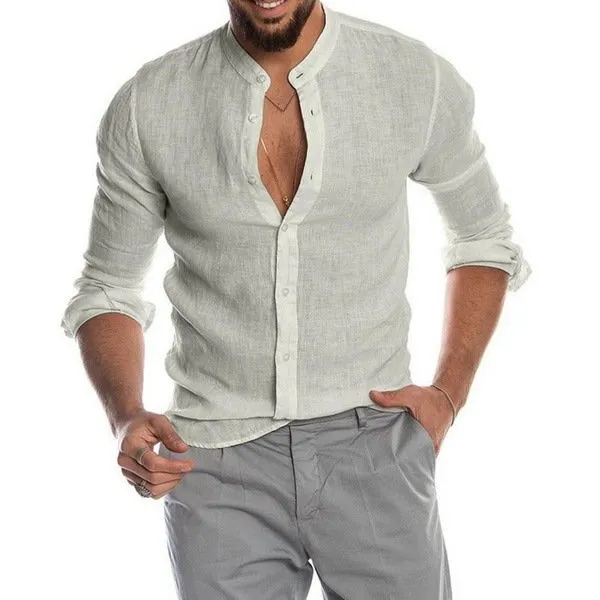 Casual Linen Shirt Band Collar Long Sleeve Button Down Shirt