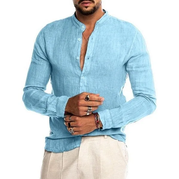 Casual Linen Shirt Band Collar Long Sleeve Button Down Shirt