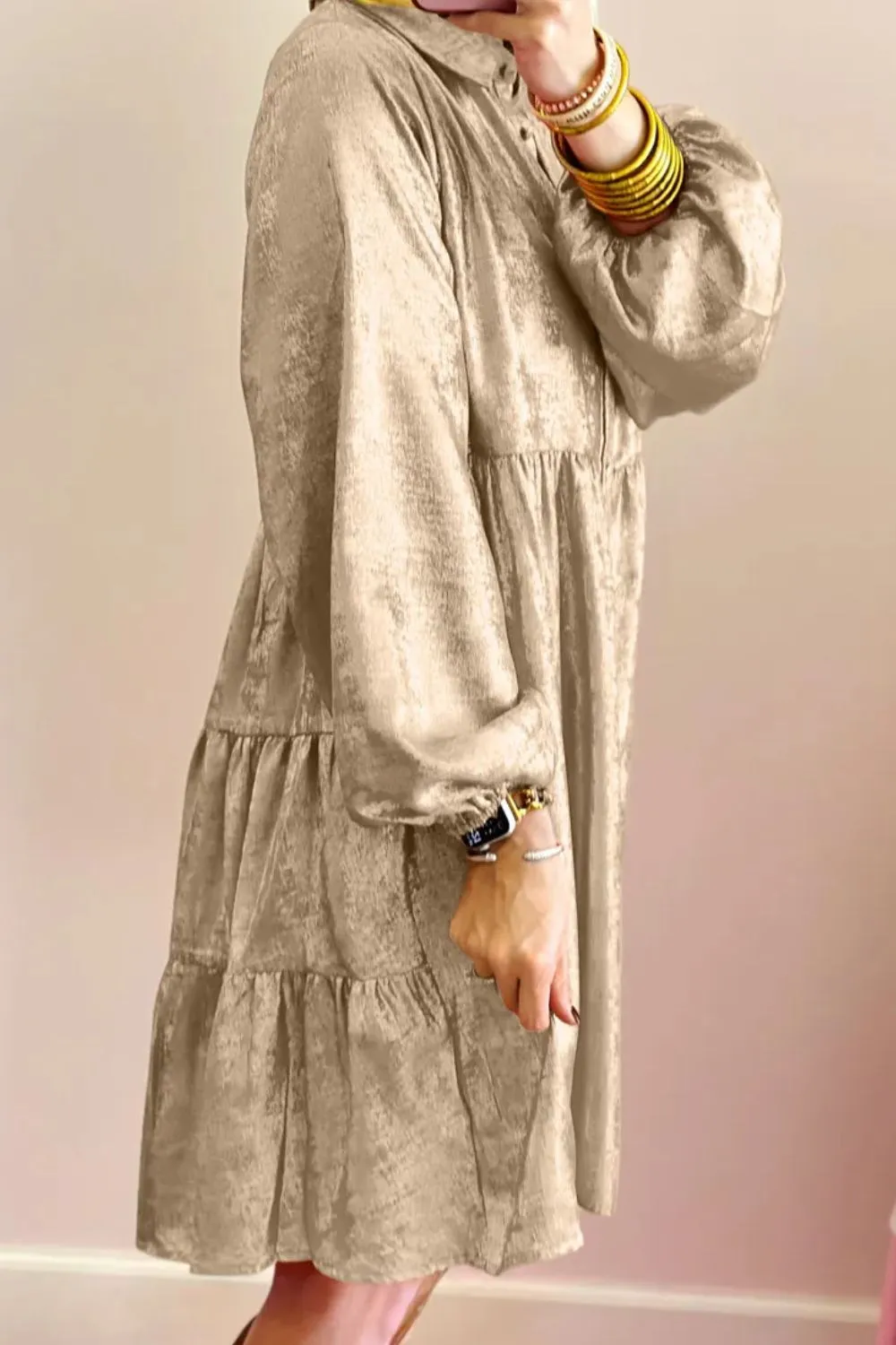 Casual Metallic Sheen Long Sleeve Mini Dress