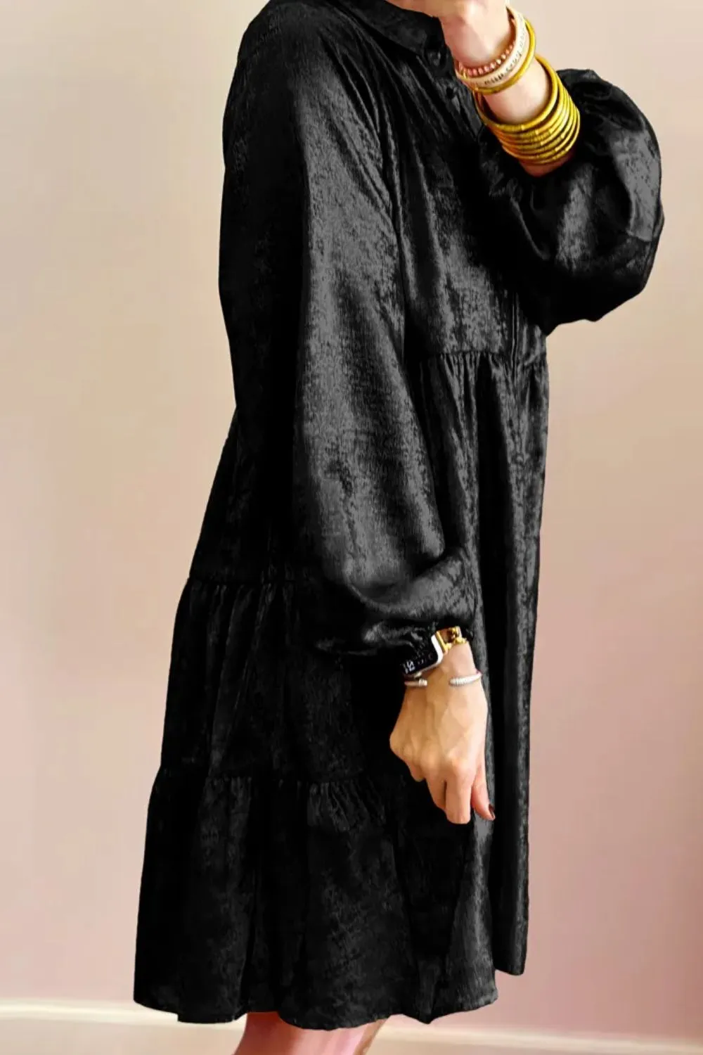 Casual Metallic Sheen Long Sleeve Mini Dress