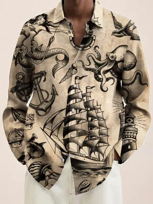 Casual Navy Items Print Long Sleeve Hawaiian Shirt