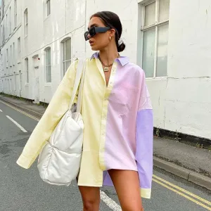 Casual Plus Size Colorblock Turn Down Collar Oversized Long Sleeve Blouse