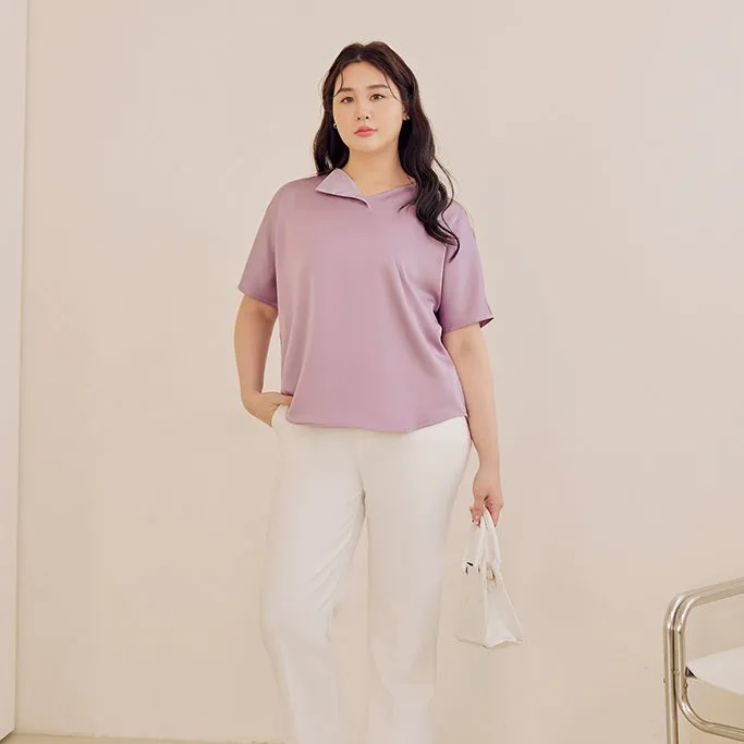 Casual Satin Fold Collar Loose Blouse Top
