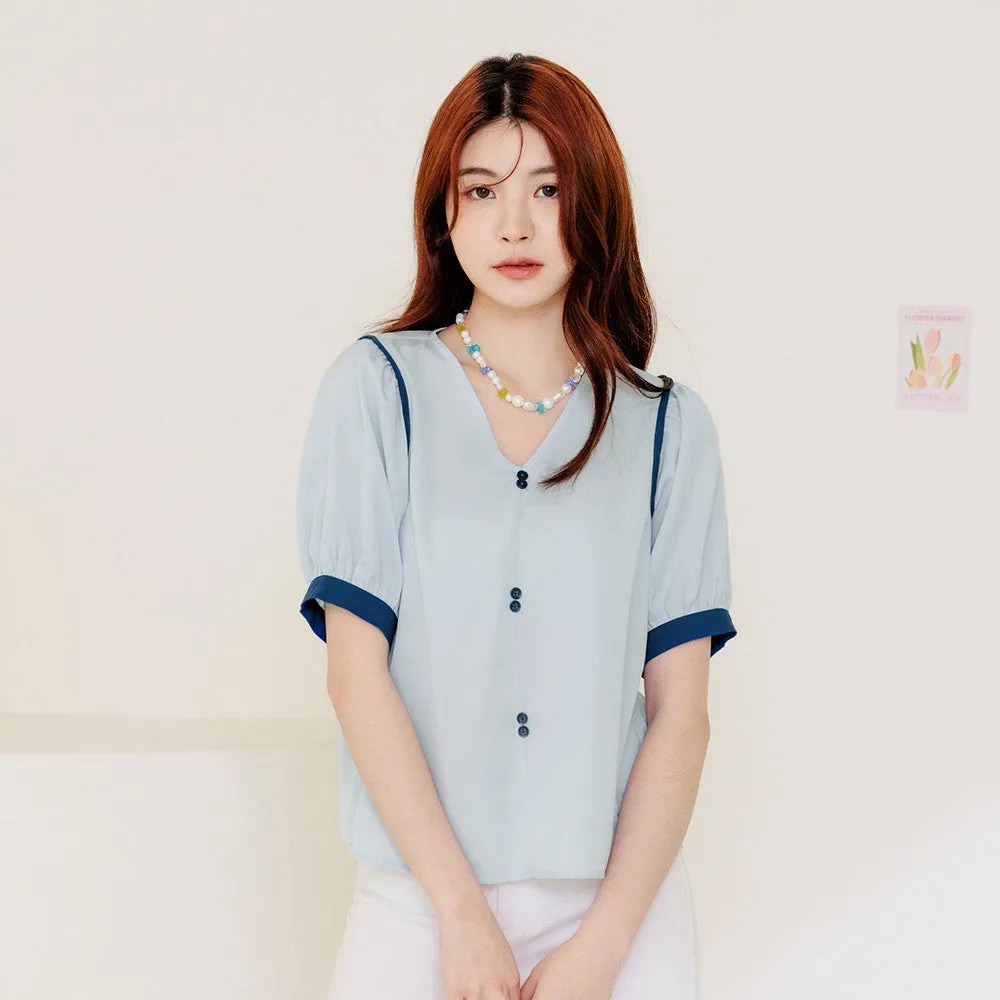 Casual V-Neck Wrinkle Free Contrast Button Blouse Top
